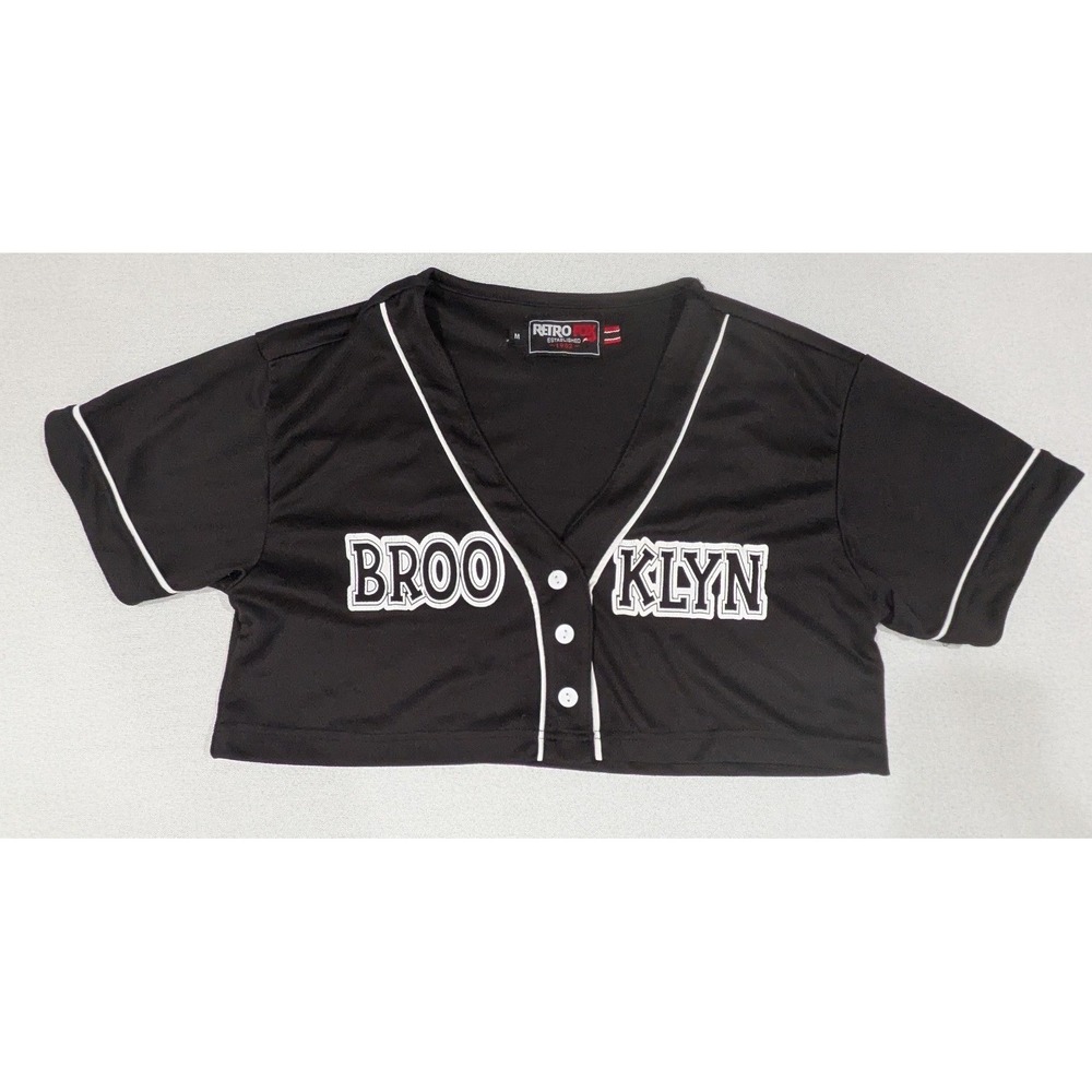 Retro Fox Baseball Jersey Womens M Black Excellent Brooklyn Graphic Crop Top